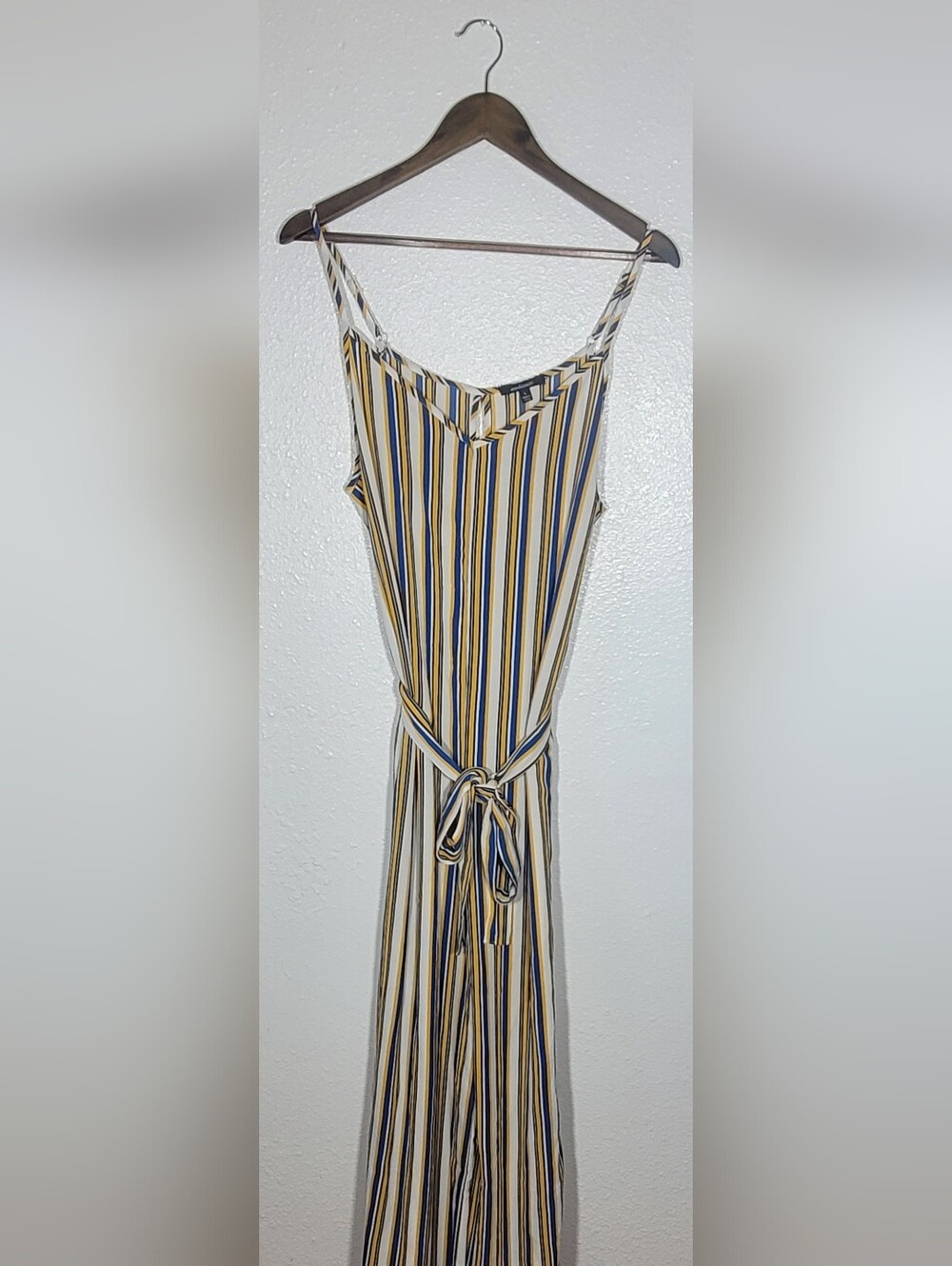 Ambiance Striped Jumpsuit Large Stretch Belted V Neck Wide Leg Yellow Blue White